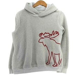 Abercrombie Kids Sherpa Fleece Hoodie Cream Red Moose Embroidered SZ 15/16